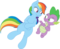 Size: 10000x8029 | Tagged: safe, artist:alexpony, artist:joey darkmeat, character:rainbow dash, character:spike, species:dragon, species:pegasus, species:pony, ship:rainbowspike, .psd available, absurd resolution, cute, female, looking at each other, lying down, male, mare, semi-anthro, shipping, simple background, straight, transparent background, vector