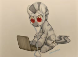 Size: 2867x2098 | Tagged: safe, artist:dawnfire, oc, oc only, oc:mcmiag, species:zebra, colored pupils, commission, computer, earbuds, fake cutie mark, laptop computer, red eyes, sticky note, traditional art