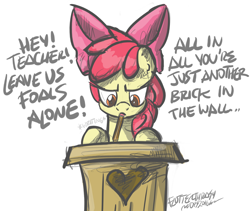 Size: 2652x2235 | Tagged: safe, artist:flutterthrash, character:apple bloom, newbie artist training grounds, another brick in the wall, dialogue, female, pink floyd, solo, song reference, the wall
