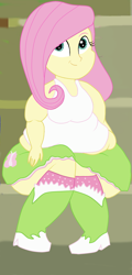 Size: 969x2025 | Tagged: safe, artist:lupin quill, character:fluttershy, my little pony:equestria girls, bbw, bingo wings, fat, fattershy, female, muffin top, obese, scene interpretation, sitting, solo, wide hips