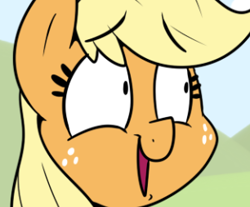 Size: 306x253 | Tagged: safe, artist:strangerdanger, character:applejack, bust, cropped, faec, female, open mouth, portrait, reaction image, smiling, solo