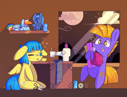 Size: 1976x1512 | Tagged: safe, artist:dsp2003, character:princess luna, character:rainbow dash, oc, oc:ginger ale, oc:shibari, species:pony, bipedal, blushing, chibi, drool, ear piercing, earring, female, jewelry, male, piercing, plushie, scissors, sewing machine, sleepy, style emulation, this will end in pain