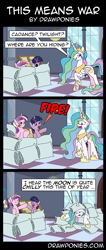 Size: 850x2000 | Tagged: safe, artist:drawponies, character:princess cadance, character:princess celestia, character:twilight sparkle, comic, dialogue, filly, filly twilight sparkle, horn impalement, pillow, pillow fight, pillow fort, speech bubble, teen princess cadance, to the moon