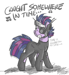 Size: 2051x2240 | Tagged: safe, artist:flutterthrash, character:twilight sparkle, newbie artist training grounds, caught somewhere in time, deathlok, dialogue, female, future twilight, iron maiden, solo, song reference