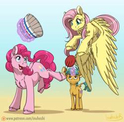 Size: 900x889 | Tagged: safe, artist:inuhoshi-to-darkpen, character:fluttershy, character:pinkie pie, character:snails, species:classical unicorn, episode:buckball season, g4, my little pony: friendship is magic, ball, bucket, floating, fluffy, glowing horn, kick, leonine tail, magic, open mouth, patreon, patreon logo, signature, telekinesis, tongue out, unshorn fetlocks