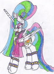 Size: 2296x3118 | Tagged: safe, artist:cuddlelamb, character:countess coloratura, character:princess celestia, species:alicorn, species:pony, alternate hairstyle, bracelet, clothing, cosplay, costume, female, jacket, jewelry, ponytail, simple background, solo, traditional art