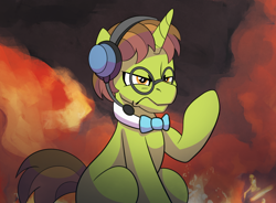 Size: 1540x1136 | Tagged: safe, artist:drawponies, oc, oc only, oc:benny, angry, fillycon, on fire, raised hoof