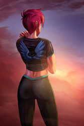 Size: 900x1350 | Tagged: safe, artist:eve-ashgrove, artist:vest, character:scootaloo, species:human, species:pegasus, species:pony, female, humanized, older, solo, sunset