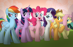 Size: 5175x3375 | Tagged: safe, artist:drawponies, character:applejack, character:fluttershy, character:pinkie pie, character:rainbow dash, character:rarity, character:twilight sparkle, character:twilight sparkle (alicorn), species:alicorn, species:pony, absurd resolution, clothing, cowboy hat, cute, dashabetes, diapinkes, freckles, group, hat, jackabetes, mane six, open mouth, raised hoof, raribetes, shyabetes, stetson, twiabetes