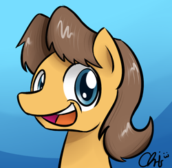 Size: 896x874 | Tagged: safe, artist:nekocrispy, character:caramel, species:earth pony, species:pony, abstract background, bust, male, open mouth, signature, smiling, solo, stallion