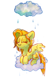 Size: 1280x1769 | Tagged: safe, artist:dawnfire, character:spitfire, species:pegasus, species:pony, cloud, cute, cutefire, cutie mark, eyes closed, female, hooves, lying down, lying on a cloud, mare, on a cloud, prone, rain, simple background, smiling, solo, spread wings, transparent background, wet, wings