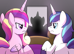 Size: 1155x852 | Tagged: safe, artist:drawponies, character:princess cadance, character:shining armor, bed, bedroom, card design, doorway, fillycon, frustrated, frustration, plot, silhouette