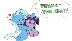 Size: 909x524 | Tagged: safe, artist:joey darkmeat, character:trixie, character:twilight sparkle, species:pony, species:unicorn, equestria daily, ship:twixie, dialogue, ebay, eyes closed, female, heart, lesbian, mare, plushie, shipping, simple background, smiling, speech bubble, transparent background, twidoll, vector