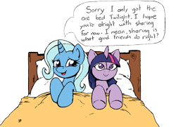 Size: 1113x805 | Tagged: safe, artist:joey darkmeat, character:trixie, character:twilight sparkle, species:pony, species:unicorn, ship:twixie, bed, dialogue, female, lesbian, mare, plushie, sad, shipping, simple background, transparent background, twidoll