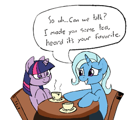 Size: 507x474 | Tagged: safe, artist:joey darkmeat, character:trixie, character:twilight sparkle, species:pony, species:unicorn, ship:twixie, dialogue, female, lesbian, mare, plushie, sad, shipping, simple background, tea, transparent background, twidoll