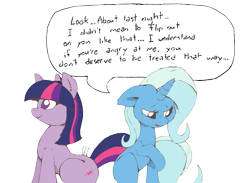 Size: 1003x735 | Tagged: safe, artist:joey darkmeat, character:trixie, character:twilight sparkle, species:pony, species:unicorn, ship:twixie, dialogue, female, floppy ears, lesbian, mare, plushie, shipping, simple background, transparent background, twidoll