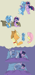 Size: 1203x2559 | Tagged: safe, artist:joey darkmeat, character:applejack, character:fluttershy, character:trixie, character:twilight sparkle, species:earth pony, species:pegasus, species:pony, species:unicorn, ship:twixie, bad end, bed, bench, comic, crying, cute, diatrixes, feels, female, food, forever alone, gray background, hay smoothie, lesbian, lonely, mare, meme, plushie, sad, sandwich, shipping, simple background, sitting, thought bubble, twidoll