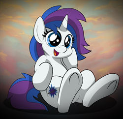 Size: 1826x1769 | Tagged: safe, artist:drawponies, oc, oc only, oc:glam rock, parent:rarity, parent:vinyl scratch, parents:rariscratch, commission, cute, offspring, open mouth, sitting, solo, underhoof
