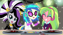 Size: 960x540 | Tagged: safe, artist:luckreza8, artist:sugar-loop, artist:themexicanpunisher, edit, edited screencap, screencap, character:dj pon-3, character:lemon zest, character:vinyl scratch, character:zecora, episode:shake your tail, equestria girls:rainbow rocks, g4, my little pony: equestria girls, my little pony:equestria girls, clothing, equestria girls-ified, eyes closed, fingerless gloves, gloves, open mouth, school uniform