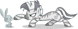 Size: 3480x1311 | Tagged: safe, artist:vector-brony, character:angel bunny, oc, oc only, oc:xenith, species:pony, species:rabbit, species:zebra, fallout equestria, crouching, doombunny, fanfic, fanfic art, female, mare, petrification, reaching out, scar, signature, simple background, solo, statue, transparent background, vector, zebra oc