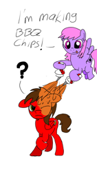 Size: 720x1280 | Tagged: safe, artist:toyminator900, oc, oc only, oc:chip, oc:melody notes, species:pegasus, species:pony, barbecue sauce, duo, flying, pun, simple background, white background