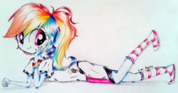 Size: 2048x1070 | Tagged: safe, artist:liaaqila, character:rainbow dash, my little pony:equestria girls, clothing, cute, female, looking at you, missing shoes, rainbowlicious, socks, solo, striped socks