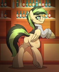 Size: 1500x1826 | Tagged: safe, artist:drawponies, oc, oc only, oc:ailan, species:pegasus, species:pony, bar, bartender, bottle, clothing, commission, male, plot, shelves, solo, stallion, underhoof, wings