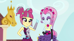 Size: 1280x718 | Tagged: safe, artist:aqua-pony, artist:themexicanpunisher, edit, edited screencap, screencap, character:sour sweet, equestria girls:friendship games, g4, my little pony: equestria girls, my little pony:equestria girls, archery, clothing, duo, freckles, gloves, thumbs up, unamused, violet blurr