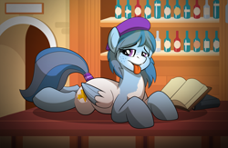 Size: 2393x1557 | Tagged: safe, artist:drawponies, oc, oc only, oc:wish, species:pegasus, species:pony, bar, book, bottle, lying down, solo, tongue out