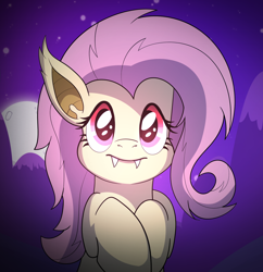 Size: 1698x1756 | Tagged: safe, artist:drawponies, character:flutterbat, character:fluttershy, species:bat pony, species:pony, cute, fangs, female, full moon, looking at you, night sky, shyabetes, solo, stars