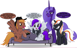 Size: 4847x3033 | Tagged: safe, artist:vector-brony, oc, oc only, oc:calamity, oc:lacunae, oc:morning glory (project horizons), oc:velvet remedy, species:alicorn, species:pegasus, species:pony, species:unicorn, fallout equestria, fallout equestria: project horizons, artificial alicorn, brand, branding, clothing, comic, cowboy hat, cutie mark, dashite, fallout 4, fanfic, fanfic art, fangasm, female, hat, hooves, horn, male, mare, open mouth, purple alicorn (fo:e), simple background, sitting, spread wings, stallion, standing, transparent background, wings