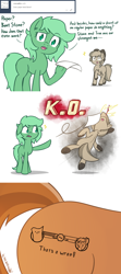Size: 1024x2304 | Tagged: safe, artist:dsp2003, artist:lalieri, oc, oc only, oc:grass, oc:sign, oc:stone, species:earth pony, species:pony, species:unicorn, pony town, ask, blood, collaboration, comic, critical hit, female, nosebleed, paper, tumblr