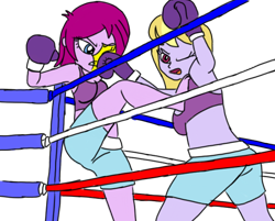 Size: 660x531 | Tagged: safe, artist:toyminator900, character:fuchsia blush, character:lavender lace, my little pony:equestria girls, boxing, kickboxing, kicking, punch