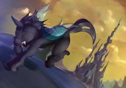 Size: 2525x1763 | Tagged: safe, artist:dripponi, artist:lattynskit, character:thorax, species:changeling, episode:to where and back again, g4, my little pony: friendship is magic, changeling kingdom, crying, eyes closed, male, running, scenery, solo