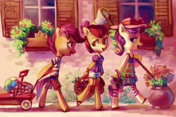 Size: 3448x2299 | Tagged: safe, artist:holivi, character:apple bloom, character:scootaloo, character:sweetie belle, species:pegasus, species:pony, apple, ball, basket, bipedal, butterfly net, clothing, cutie mark crusaders, flower, food, wagon, window