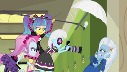Size: 1280x720 | Tagged: safe, artist:themexicanpunisher, edit, screencap, character:photo finish, character:trixie, episode:photo finished, equestria girls:friendship games, g4, my little pony: equestria girls, my little pony:equestria girls, camera, canterlot high, clothing, hallway, light umbrella, lockers, pixel pizazz, the snapshots, violet blurr