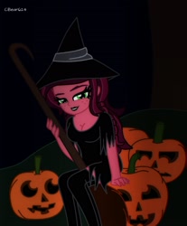 Size: 1490x1802 | Tagged: safe, artist:cbear624, character:gloriosa daisy, my little pony:equestria girls, black lipstick, breasts, broom, cleavage, clothing, costume, female, food, halloween, jack-o-lantern, lipstick, looking at you, pumpkin, smiling, stockings, witch