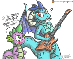 Size: 1300x1048 | Tagged: safe, artist:flutterthrash, character:princess ember, character:spike, species:anthro, species:dragon, breasts, busty princess ember, dialogue, dragonforce, electric guitar, female, guitar, guitar hero, guitar hero iii, patreon, patreon logo, question mark, rhythm game, through the fire and flames