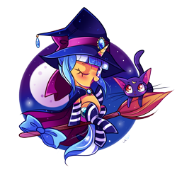 Size: 1200x1200 | Tagged: safe, artist:ipun, oc, oc only, oc:passion freeze, species:pony, blushing, bow, broom, cape, cat, clothing, female, flying, flying broomstick, full moon, hat, heart eyes, luna (sailor moon), moon, night, night sky, one eye closed, open mouth, sailor moon, simple background, sitting, sky, smiling, socks, stars, striped socks, transparent background, wingding eyes, wink, witch, witch hat