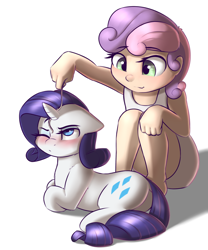 Size: 1500x1800 | Tagged: dead source, safe, artist:captainpudgemuffin, character:rarity, character:sweetie belle, species:human, species:pony, behaving like a cat, blushing, captainpudgemuffin is trying to murder us, clothing, cute, diasweetes, dress, duo, floppy ears, fluffy, frown, glare, humanized, on side, one eye closed, pony pet, prone, raribetes, raricat, smiling, squatting, string, unamused, wink