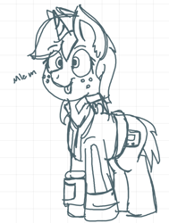 Size: 690x915 | Tagged: safe, artist:coatieyay, oc, oc only, oc:littlepip, species:pony, species:unicorn, fallout equestria, black and white, clothing, cutie mark, fanfic, fanfic art, female, freckles, graph paper, grayscale, hooves, horn, lined paper, mare, mlem, monochrome, pipbuck, raspberry, simple background, sketch, solo, tongue out, vault suit, white background