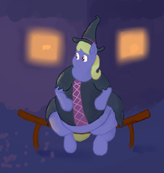Size: 1899x2000 | Tagged: safe, artist:lupin quill, character:cloud kicker, bench, clothing, costume, fat, female, nightmare night, nightmare night costume, obese, sitting, solo, window