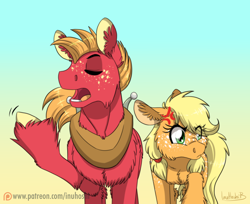 Size: 1024x836 | Tagged: safe, artist:inuhoshi-to-darkpen, character:applejack, character:big mcintosh, species:earth pony, species:pony, episode:where the apple lies, g4, my little pony: friendship is magic, chest fluff, cross-popping veins, ear fluff, eyes closed, female, fluffy, freckles, male, mare, open mouth, patreon, patreon logo, raised hoof, stallion, teenage applejack, teenage big macintosh, unshorn fetlocks
