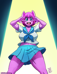 Size: 695x900 | Tagged: safe, artist:zwitterkitsune, character:pinkie pie, species:anthro, belly button, clothing, cosplay, costume, female, kill la kill, mako mankanshoku, midriff, pleated skirt, skirt, skirt lift, solo, thighs, thunder thighs