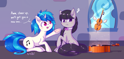 Size: 2781x1324 | Tagged: safe, alternate version, artist:dsp2003, character:dj pon-3, character:octavia melody, character:vinyl scratch, cello, comic, cute, ear fluff, frog (hoof), grumpy, missing accessory, musical instrument, octavia is not amused, single panel, tavibetes, unamused, underhoof, vinylbetes