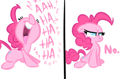 Size: 770x500 | Tagged: safe, artist:tess, character:pinkie pie, angry, cute, female, floppy ears, frown, glare, grumpy, haha no, laughing, no, nose wrinkle, open mouth, reaction image, sitting, smiling, solo