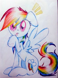 Size: 1536x2048 | Tagged: safe, artist:liaaqila, character:rainbow dash, behaving like a cat, cute, dashabetes, female, licking, looking at you, solo, terrified, tongue out, traditional art