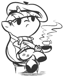 Size: 450x547 | Tagged: safe, artist:tess, character:rarity, beatnik rarity, beret, clothing, coffee, female, hat, monochrome, solo, sweater