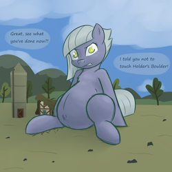 Size: 2000x2000 | Tagged: safe, artist:funble, character:limestone pie, species:earth pony, species:pony, belly, belly button, big belly, dialogue, female, giant pony, looking at you, macro, pregnant, pregnant limestone, rock farm, sitting, solo
