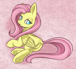 Size: 1024x930 | Tagged: safe, artist:dusthiel, character:fluttershy, species:pegasus, species:pony, bedroom eyes, blep, colored pupils, cute, dock, ear fluff, featureless crotch, female, flutterbutt, folded wings, lidded eyes, looking at you, looking back, lying down, mare, on side, pink background, plot, sexy, shyabetes, simple background, solo, teasing, tongue out, underhoof
